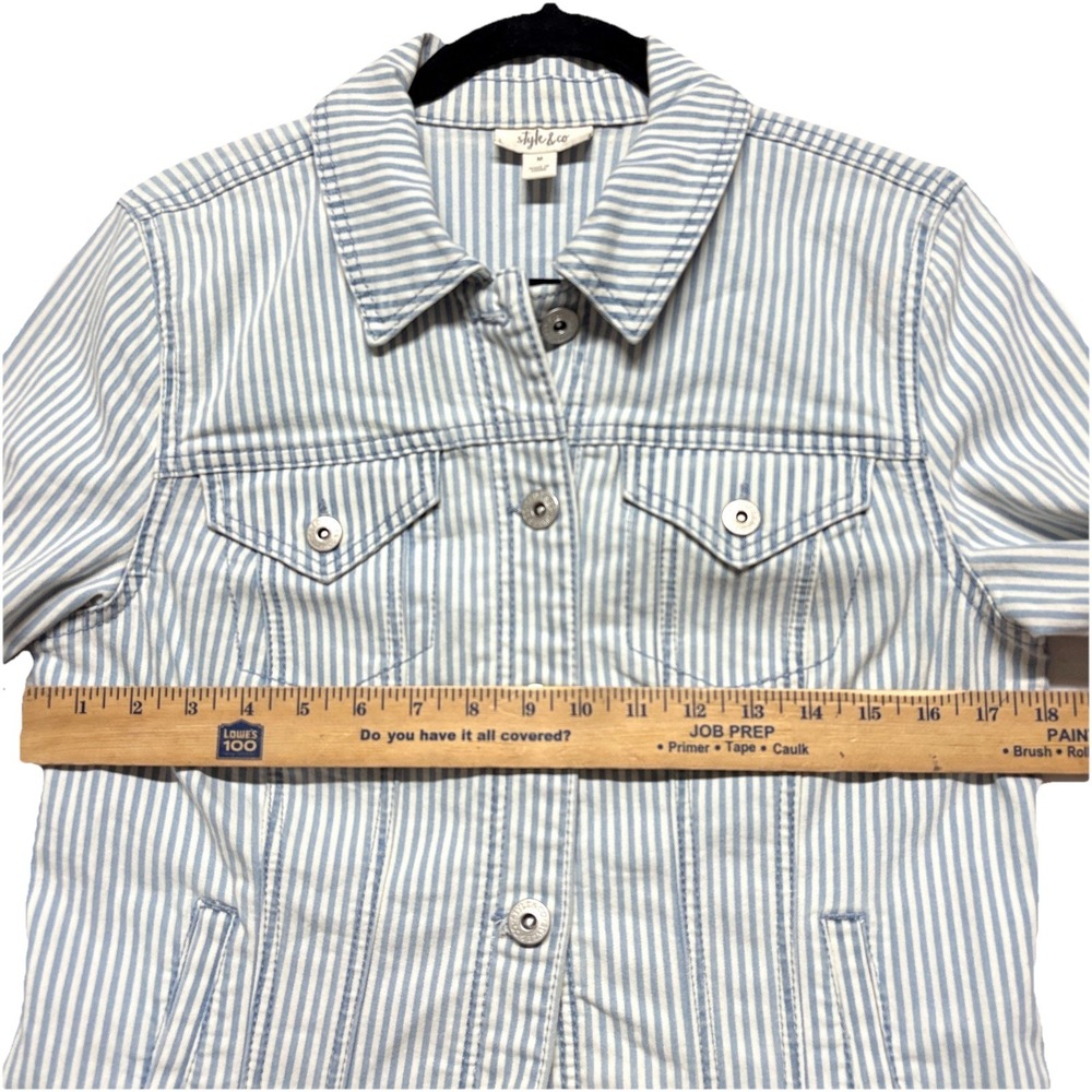 Style & Co Railroad Stripe Denim Jacket Womens Retro Blue White Retro Coat Sz M - Picture 7 of 10